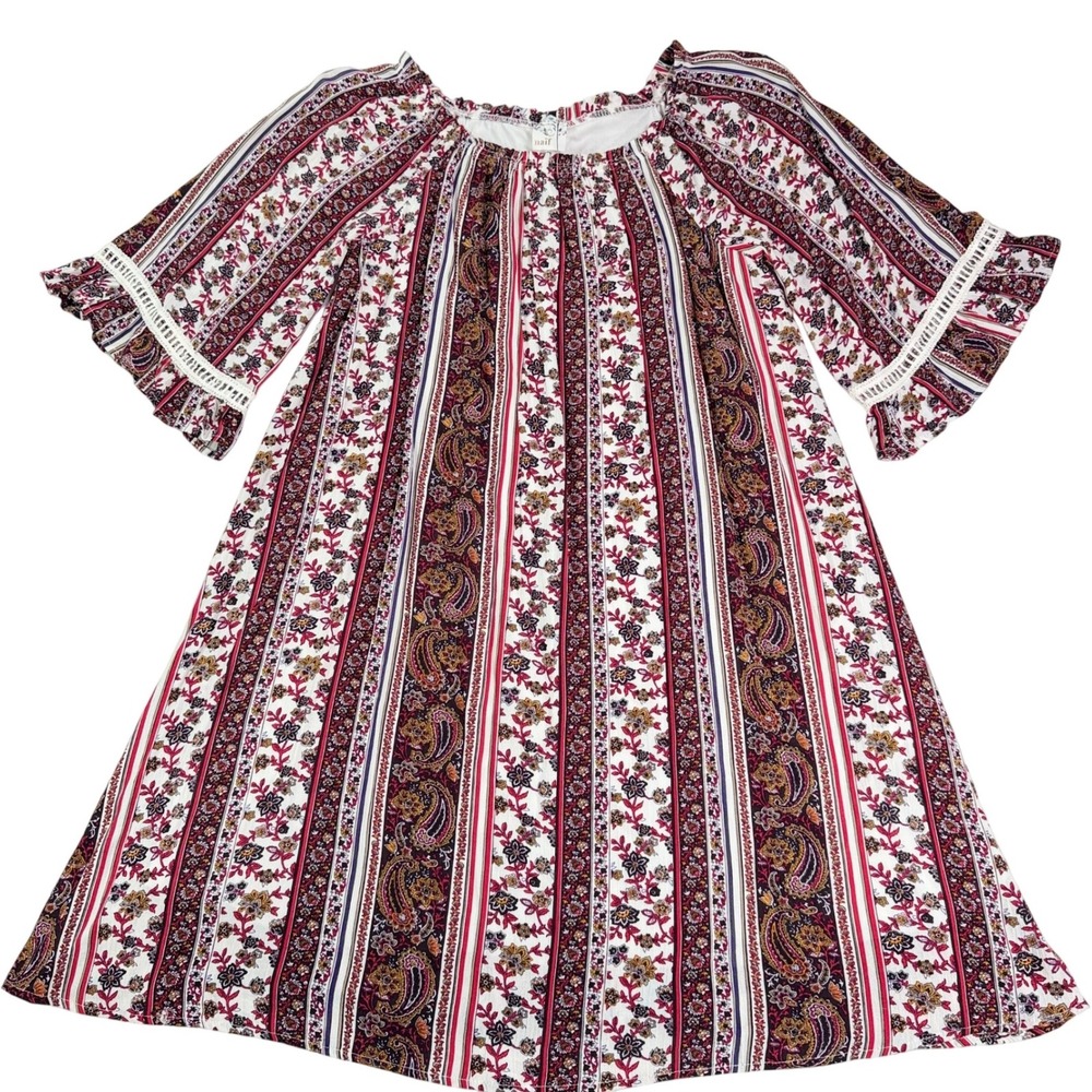 Naif Floral Paisley Boho Shift Dress Multi‎ Color Bell Sleeves L NWT